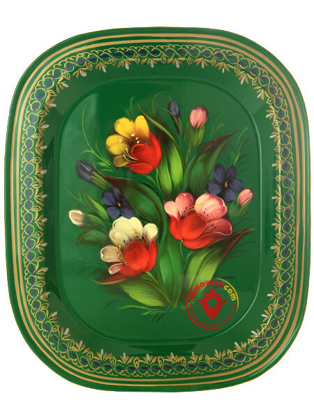 Поднос с росписью "Тюльпаны на зеленом фоне" 26*22 см, арт. А-6.51